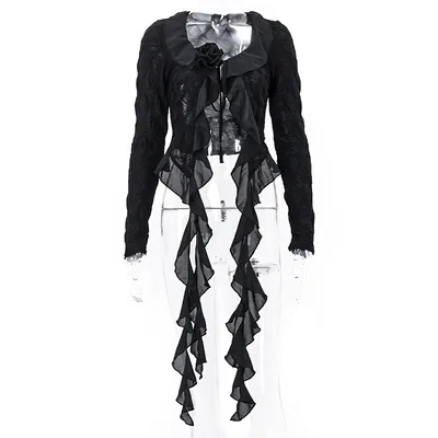 Irregular Lotus Collar Flower Decoration Long sleeved Top Black - Shop at LoveMi