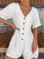 Women's Loose Leisure All-matching Temperament V-neck Buttons Fitted Waist Jumpsuit - White