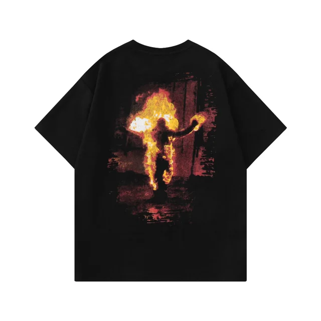Loose Flame Portrait Printing Short Sleeve T shirt Black - Shop at LoveMi