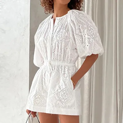 Women's Elegant And Fashionable Hollow Puff Sleeves Loose Jumpsuit White - Shop at LoveMi