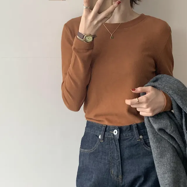 Women's Fashion Casual Bottoming Round Neck Long Sleeve T shirt Top Coffee - Shop at LoveMi