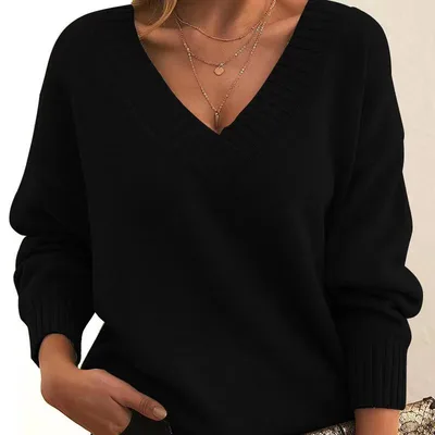 Solid V neck Sweater Fashion Loose Long sleeved Knitted Tops Autumn And Winter Women's Clothing Black - Shop at LoveMi