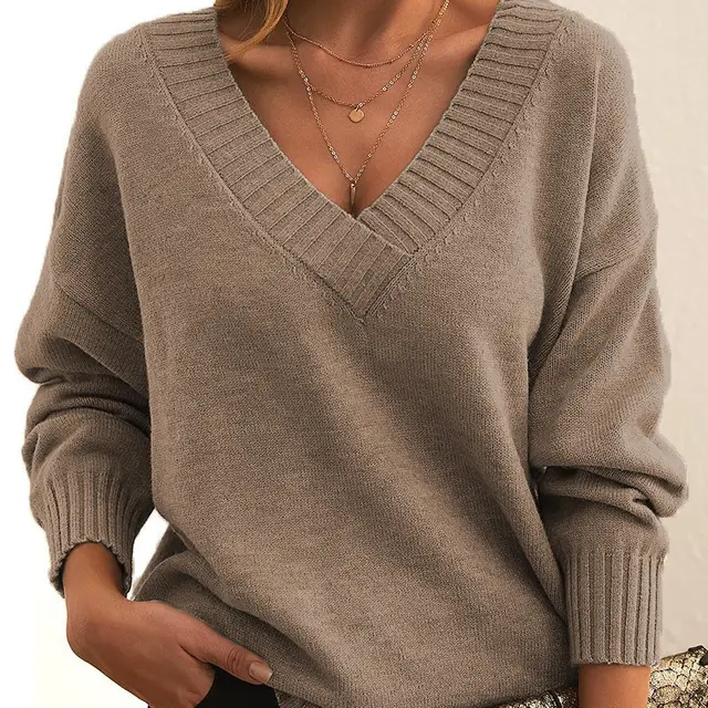 Solid V neck Sweater Fashion Loose Long sleeved Knitted Tops Autumn And Winter Women's Clothing Khaki - Shop at LoveMi