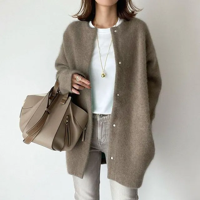 Loose Round Neck Single Breasted Cardigan Fashion Solid Color Coat Jacket Autumn And Winter Women's Clothing Brown Knitted Material - Shop at LoveMi