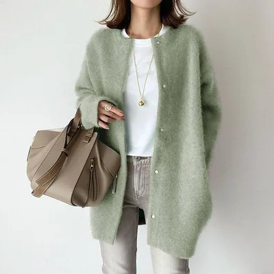 Loose Round Neck Single Breasted Cardigan Fashion Solid Color Coat Jacket Autumn And Winter Women's Clothing Green - Shop at LoveMi