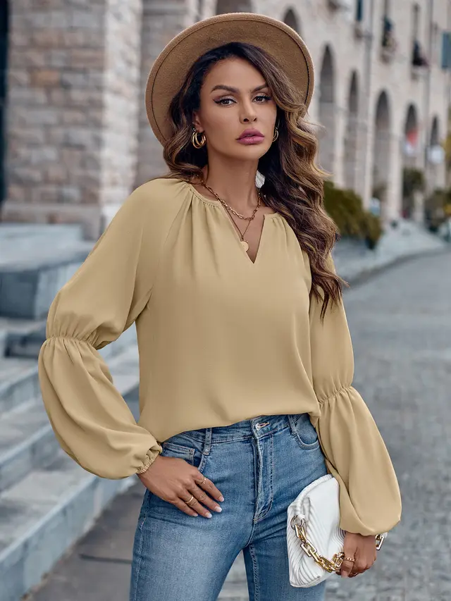 Solid Color And V neck Loose Casual Women's Top Khaki - Shop at LoveMi