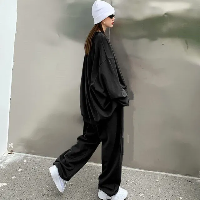 Casual Sports Suit Long Sleeve Loose T shirt High Waist Pants Black Suit - Shop at LoveMi