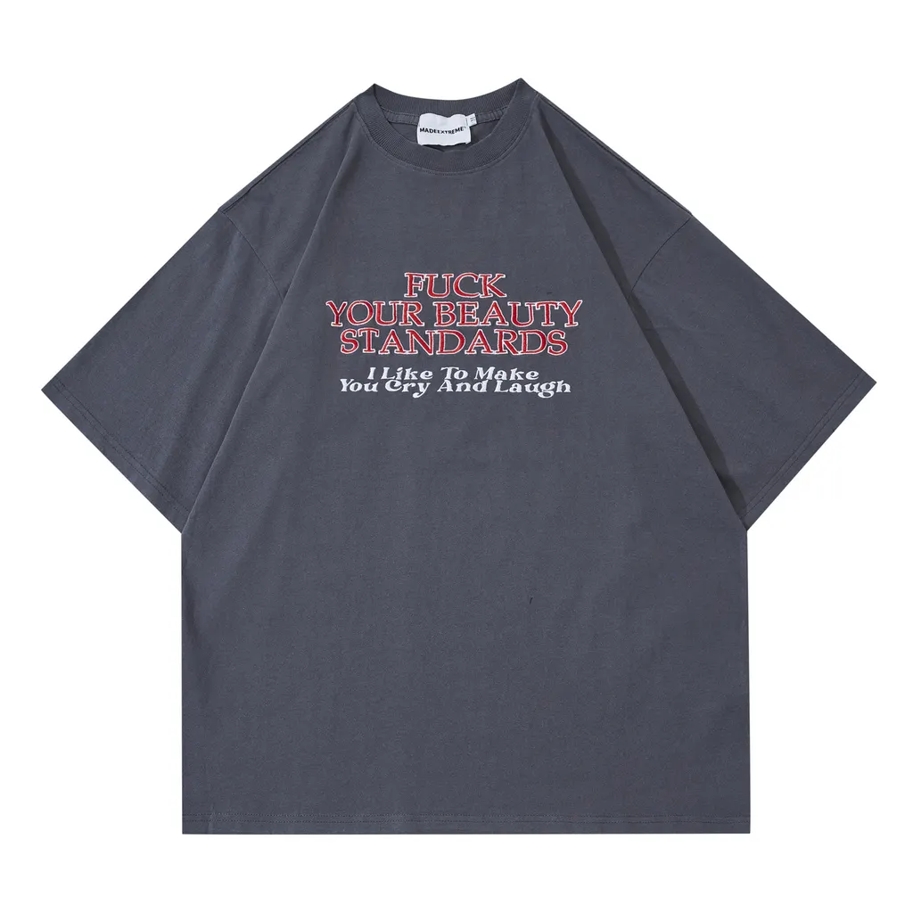 Retro Street Alphabet Embroidered Casual Short Sleeves - Grey