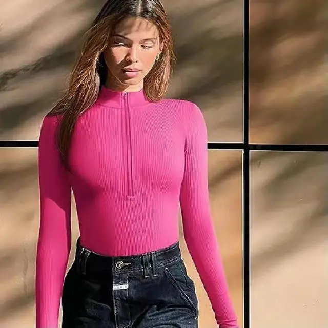 Fashion Long Sleeve Zipper Jumpsuit Seamless Slimming Shapewear For Women Romper Rose Red - Shop at LoveMi