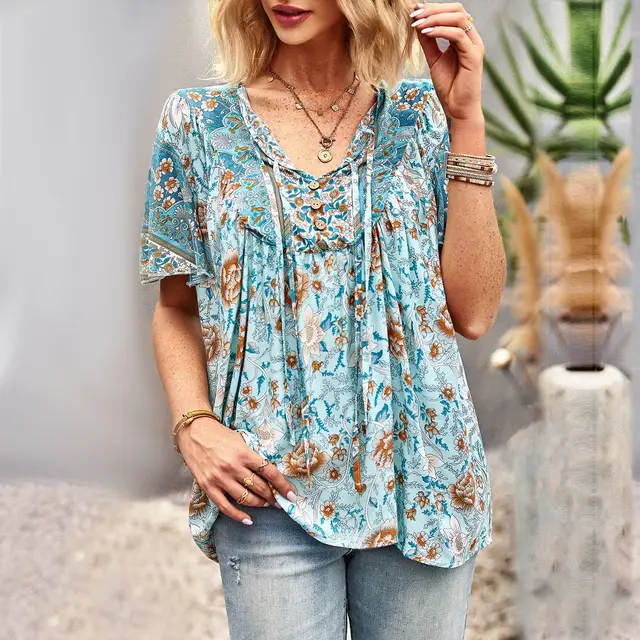 Asian Printed Shirt Women's Commuter Casual Collar Top Blue - Shop at LoveMi