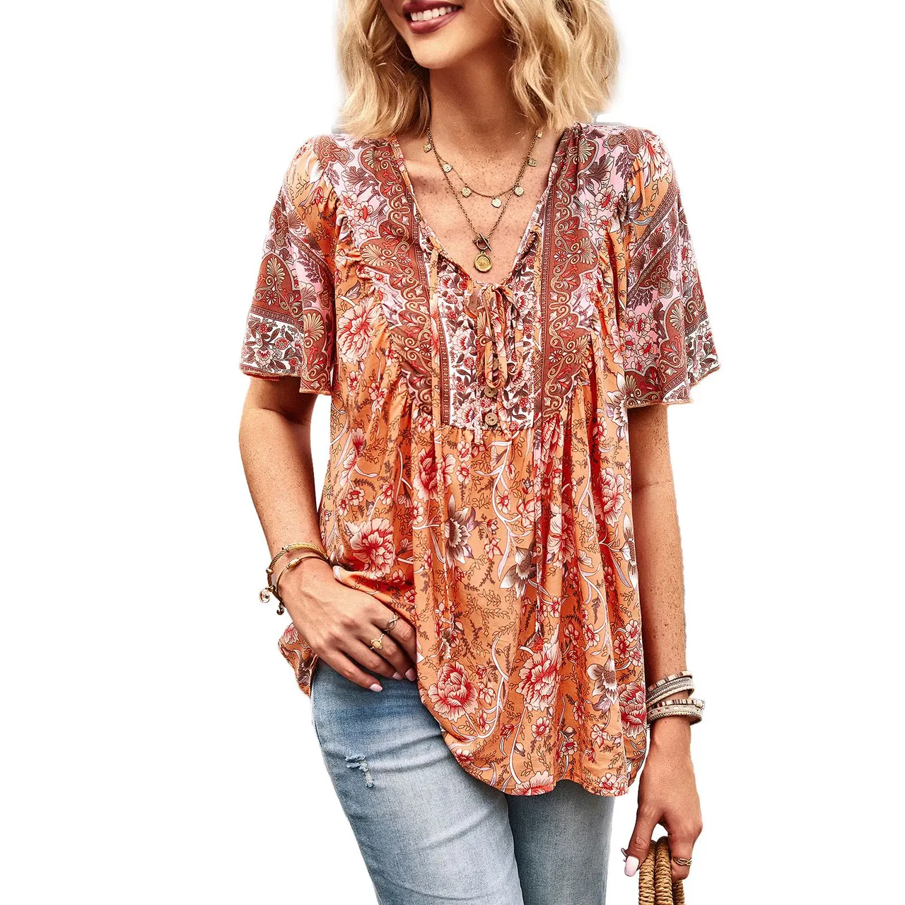 Asian Printed Shirt Women's Commuter Casual Collar Top - Orange