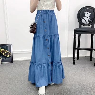 Vintage Minimalist A line Elastic High Waisted Denim Skirt Light Blue - Shop at LoveMi