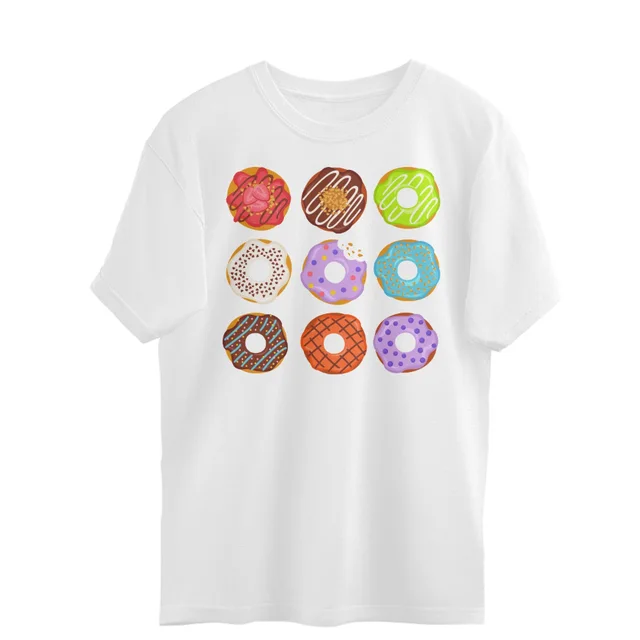 European And American Digital Donut Printed Casual Round Neck Short Sleeves T shirt White - Shop at LoveMi