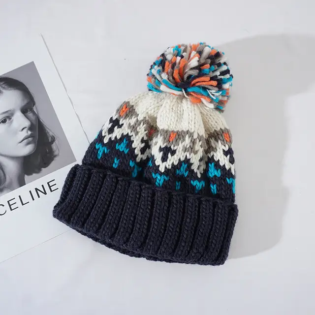 Fashionable Age Reducing Cute Fur Ball Knitted Hat Dark Blue - Shop at LoveMi