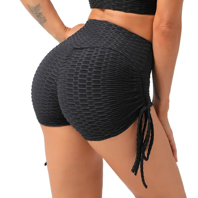 Women's Fitness Bubble Lace up Bow Jacquard Sexy Hip Yoga Pants Black - Shop at LoveMi
