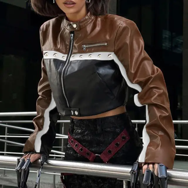 Locomotive Style Color Contrast Short Leaky Navel Rivet Leather Coat Brown - Shop at LoveMi