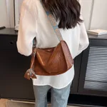Casual Single Shoulder Solid Color Large Capacity Wide Shoulder Strap Bag - Coffee