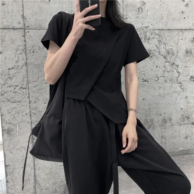 Designer Irregular Pleated Short Sleeves Women Black - Shop at LoveMi