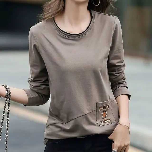 Women's Embroidered Pocket Long Sleeve T shirt Khaki - Shop at LoveMi