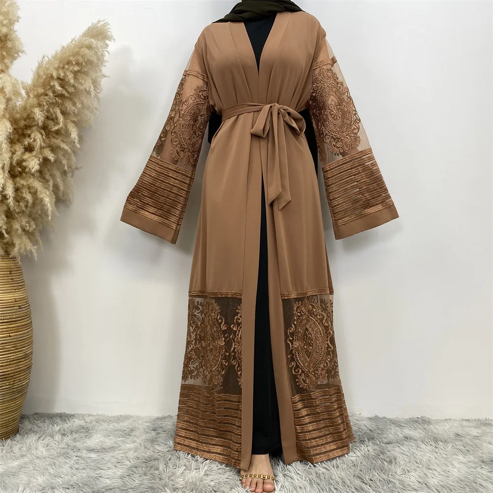 Cardigan Embroidered Mesh Robe Dress - Brown