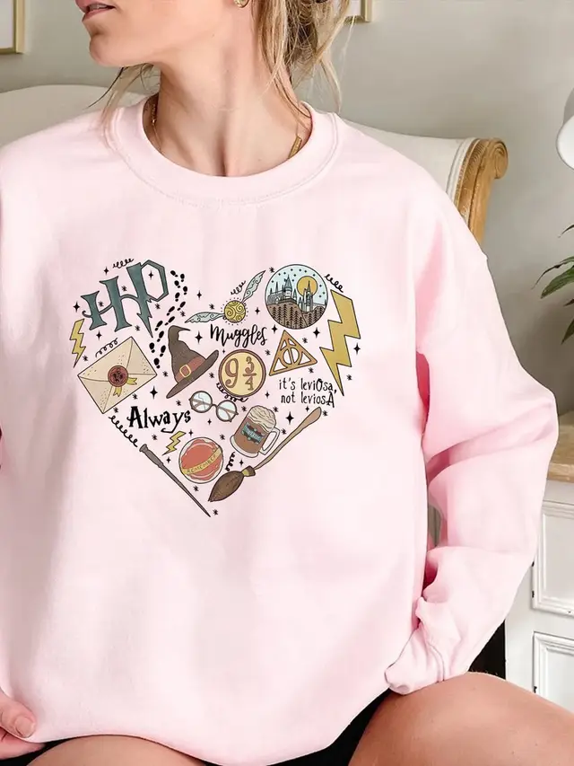Digital Printing Sweater Hipster Round Neck Pullover Long Sleeve Sweater Women Pink - Shop at LoveMi