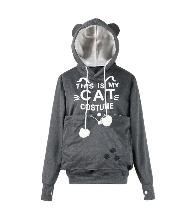 Autumn And Winter Letter Cat Face Printed Coat Alien Cat Kangaroo Long Sleeve Hooded Sweater Women Dark Gray With Letters - Shop at LoveMi