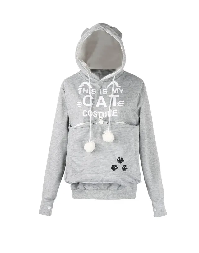 Autumn And Winter Letter Cat Face Printed Coat Alien Cat Kangaroo Long Sleeve Hooded Sweater Women Letters And Light Gray - Shop at LoveMi