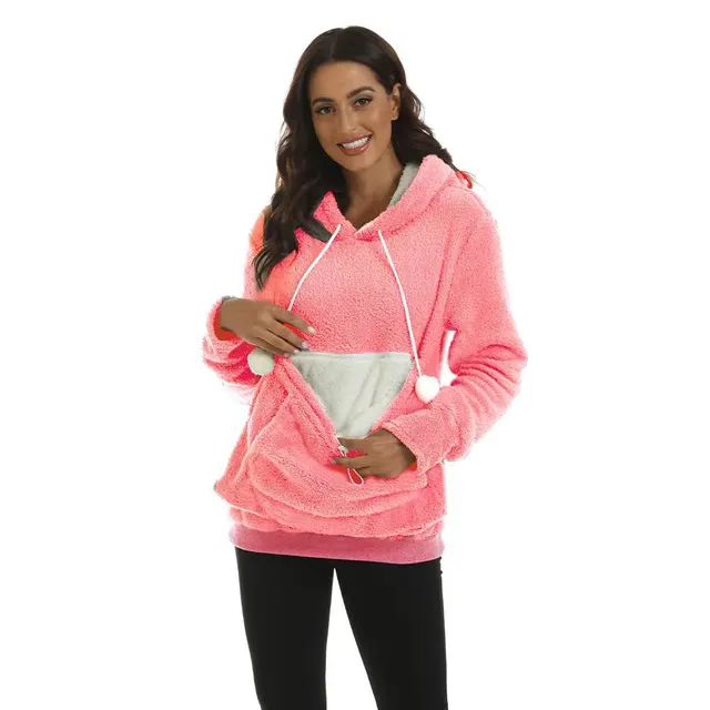 Large Pocket Solid Color Hooded Sweater Pink - Shop at LoveMi