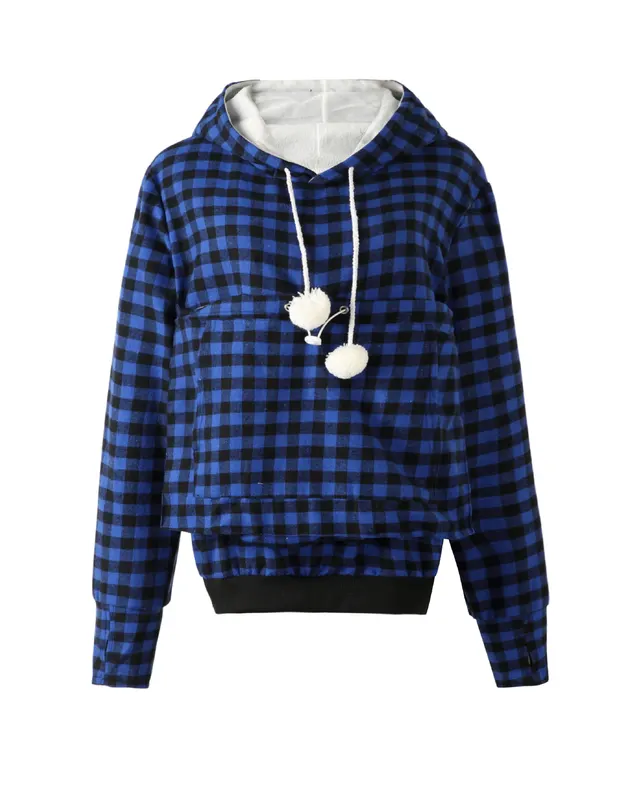 Women's Alien Cat Dogs And Cats Kangaroo Size Pocket Long Sleeve Plaid Sweater Blue Plaid - Shop at LoveMi