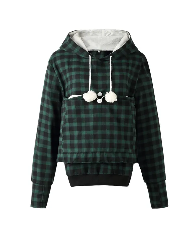Women's Alien Cat Dogs And Cats Kangaroo Size Pocket Long Sleeve Plaid Sweater Dark Green Black Plaid - Shop at LoveMi