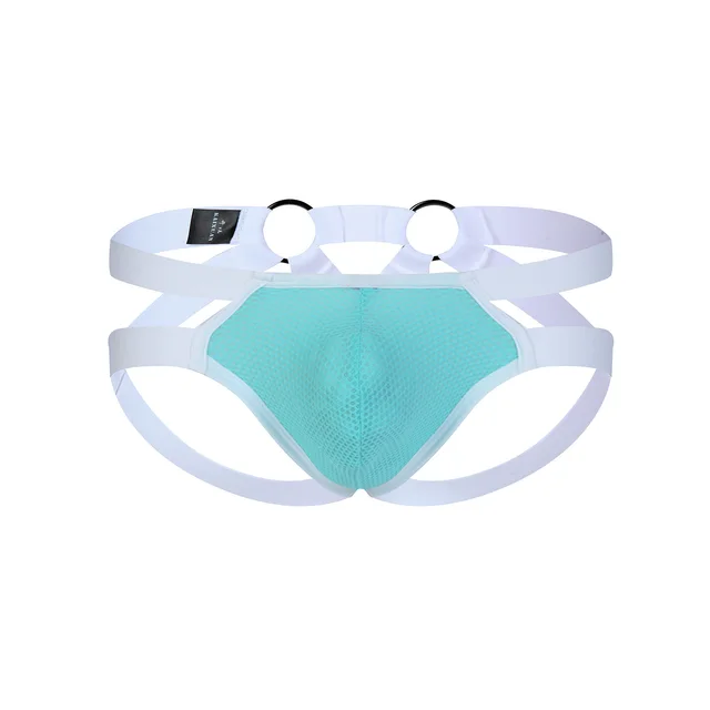 Convex Color Matching Ice Silk Sexy Men's Low Waist Stretch T back Lake Blue - Shop at LoveMi