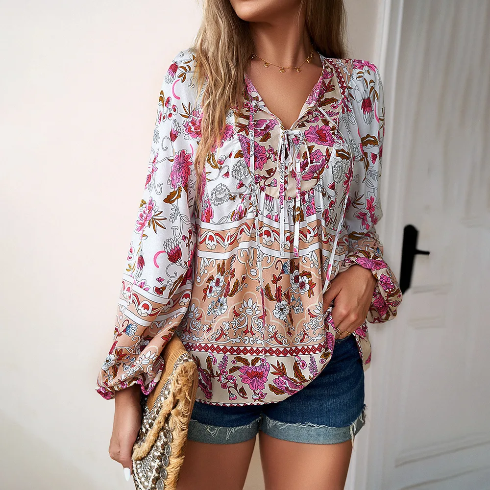 European And American Printed Autumn And Winter Vacation Casual Shirt Light Coffee - Shop at LoveMi
