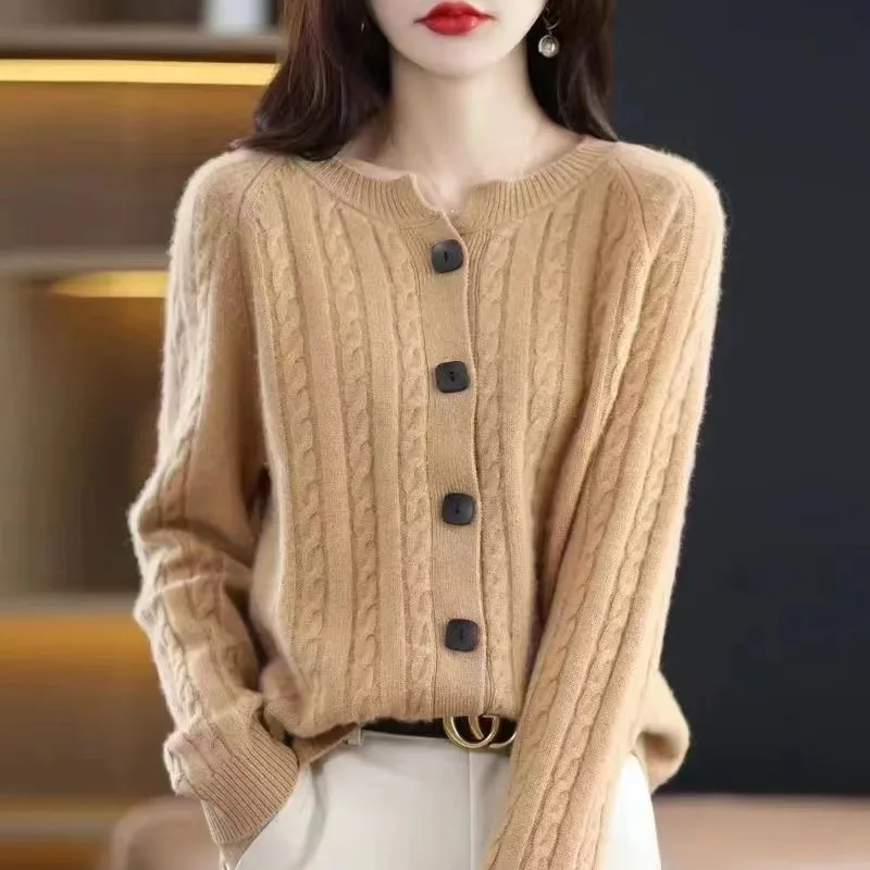 Cardigan Loose Cable-knit Sweater Base Sweater Coat Top - Camel Yellow