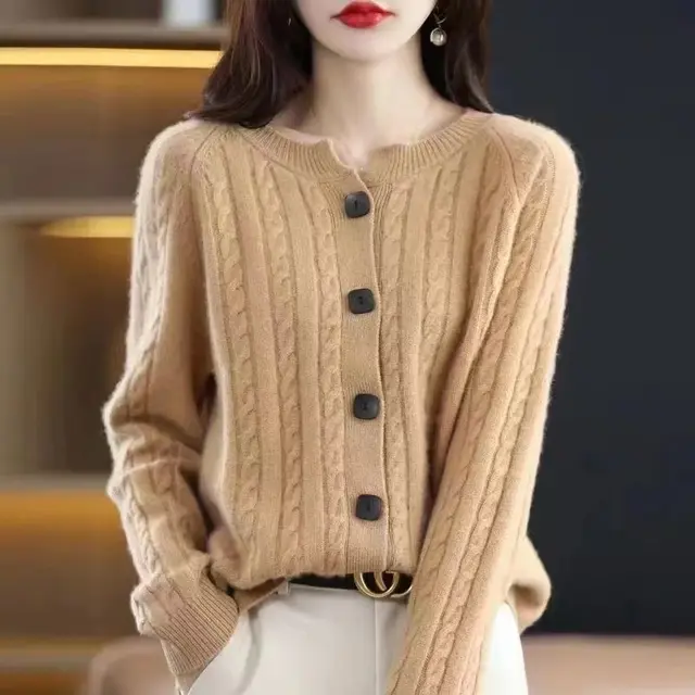 Cardigan Loose Cable knit Sweater Base Sweater Coat Top Camel Yellow - Shop at LoveMi