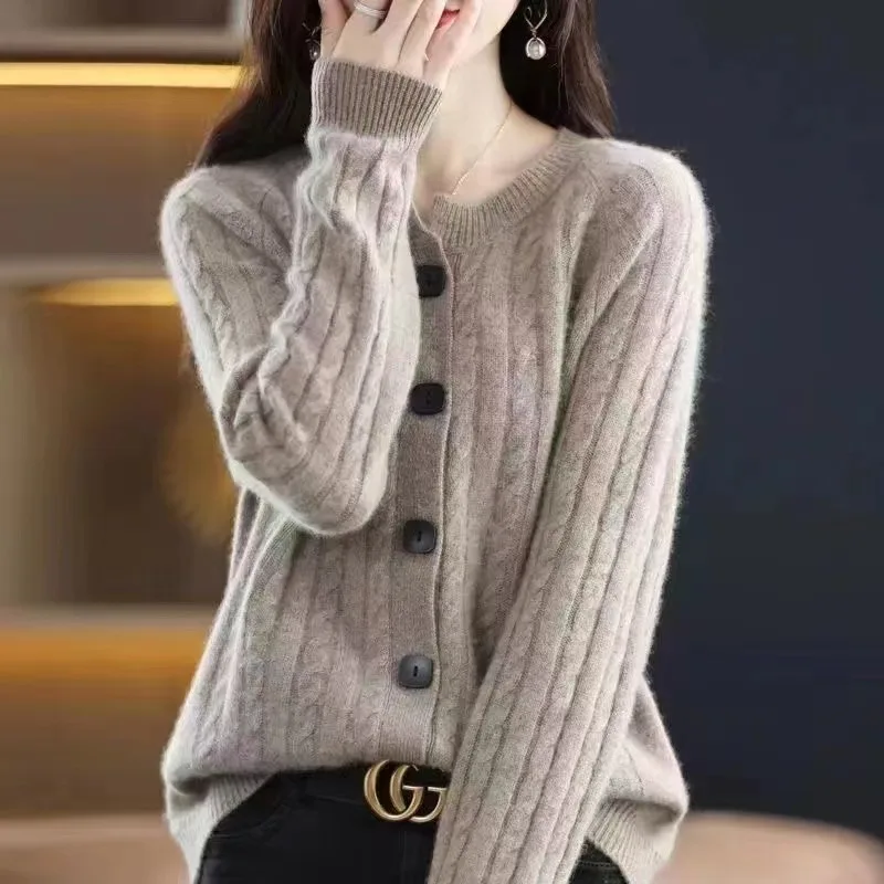 Cardigan Loose Cable knit Sweater Base Sweater Coat Top Camel - Shop at LoveMi