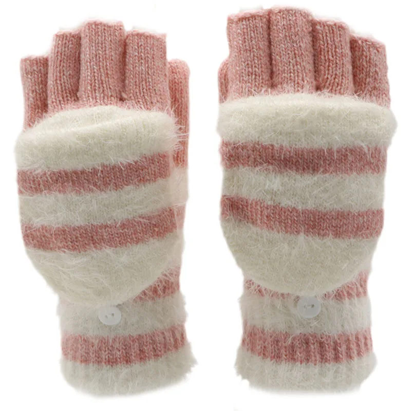 Flip Half Finger Knitting Wool Gloves - Light Pink