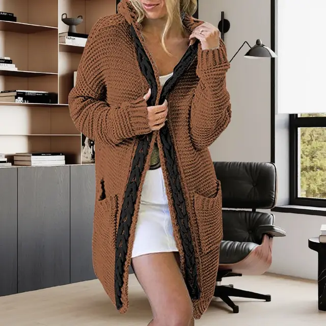Women's Contrast Color Twist Pocket Cardigan Knitted Sweater Coat Black Rope Caramel - Shop at LoveMi