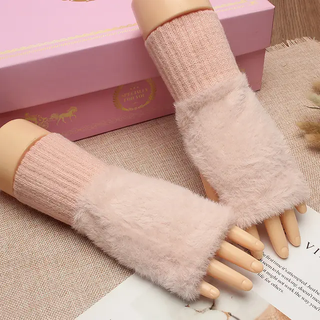 Women's Winter Plush Warm Writing Fingerless Knitted Half Finger Exposed Sleeve Cover Wristband Pink - Shop at LoveMi