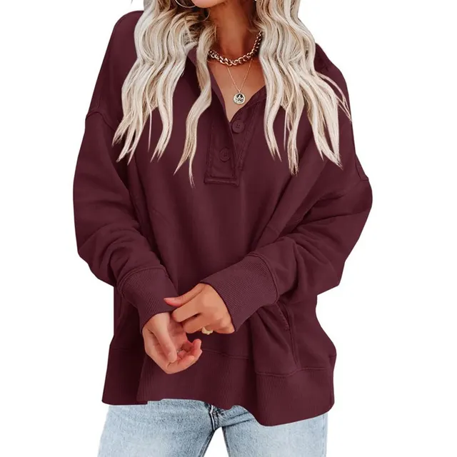 Women's Fashion Casual Loose Pullover Sweatershirt Coat Top Wine Red - Shop at LoveMi