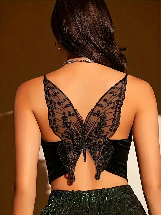 Ladies New Butterfly Embroidered Strap Top Black - Shop at LoveMi