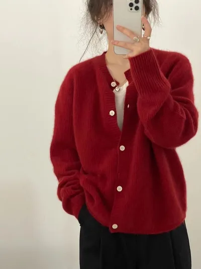 Autumn And Winter Cashmere Cardigan For Women Round Neck Thickened Knitted Red - Shop at LoveMi