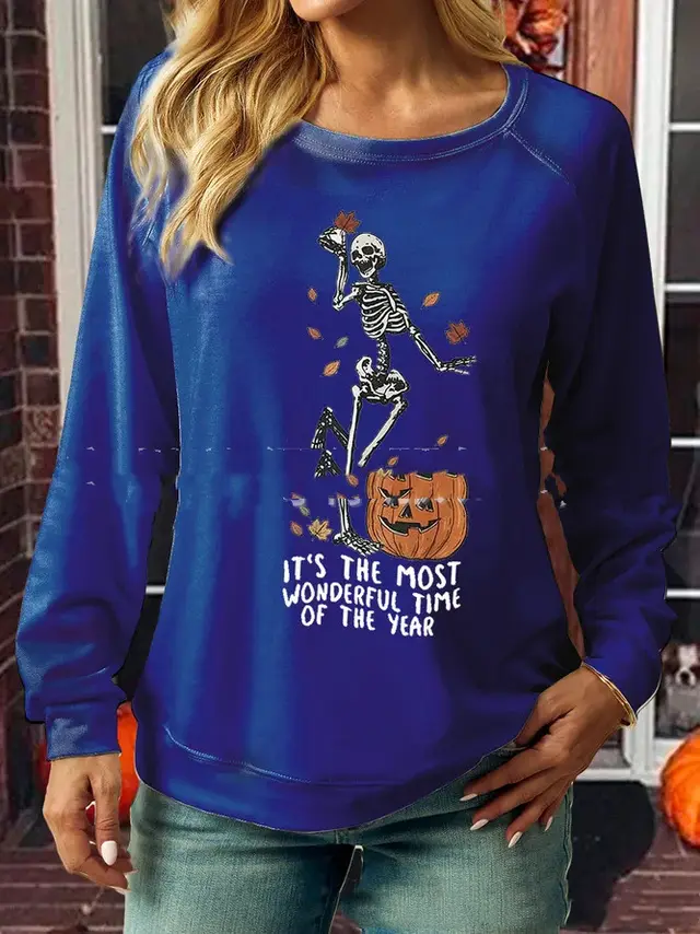 Women's Summer New Round Neck Long Sleeve Digital Printing Blue - Shop at LoveMi