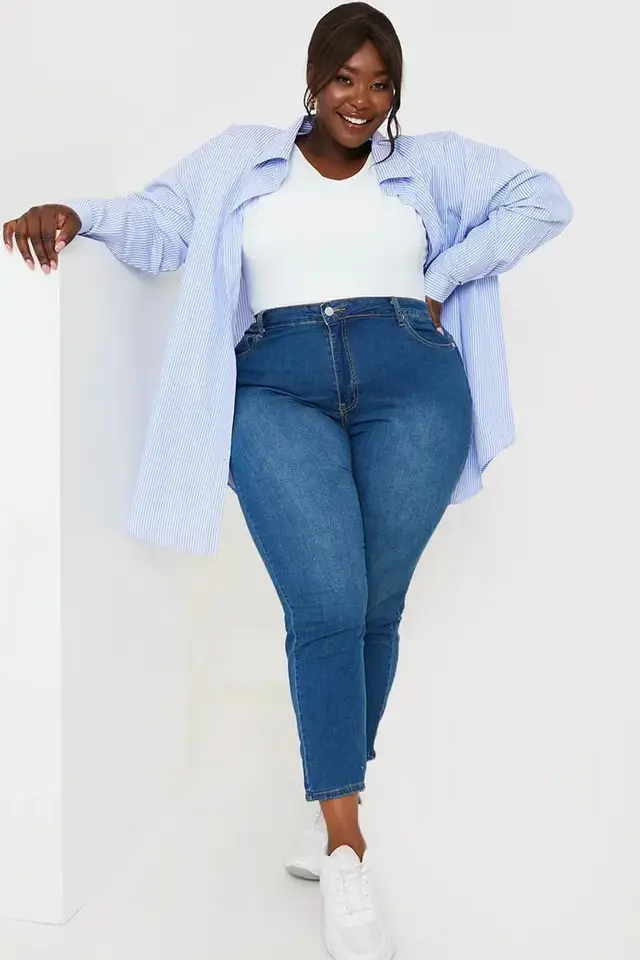 Large Size High Elastic All matching Denim Slim Jeans Light Blue Ninth Pants - Shop at LoveMi