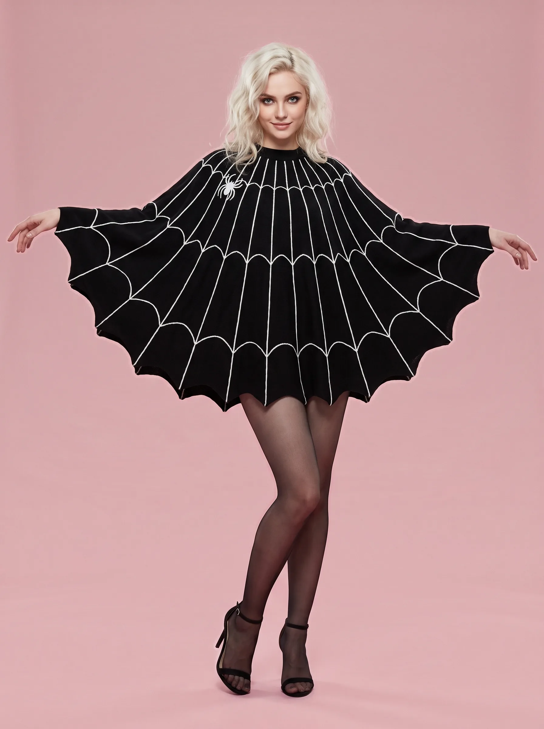 Spider Web Poncho Halloween Costume Top for Women - Black - View 1