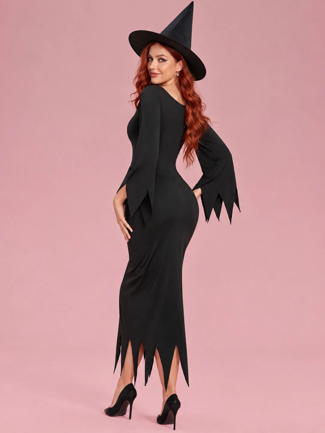 Long Sleeve Witch Costume Dress with Hat for Women - Black - View 2