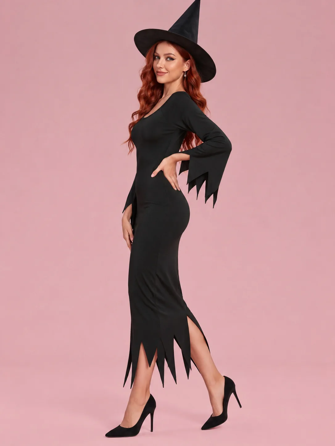 Long Sleeve Witch Costume Dress with Hat for Women - Black - View 3