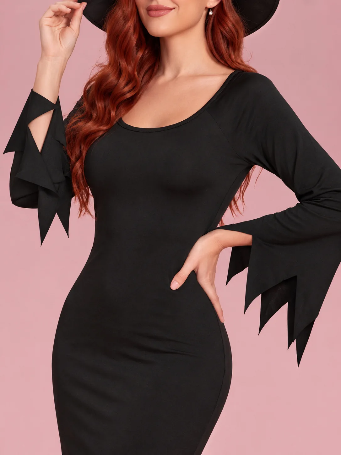Long Sleeve Witch Costume Dress with Hat for Women - Black - View 4