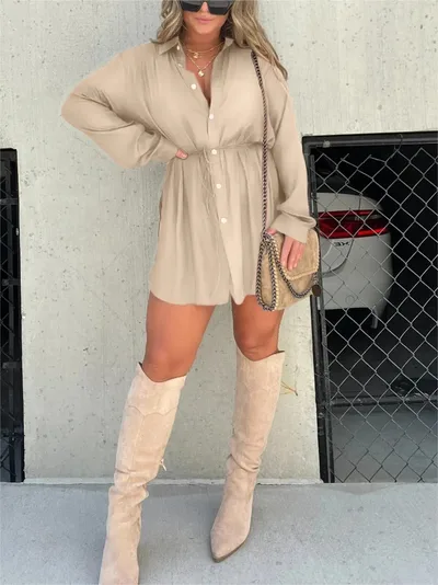 Women's Long Sleeve Jumpsuit With Button Fashion Shirt Dress Apricot - Shop at LoveMi