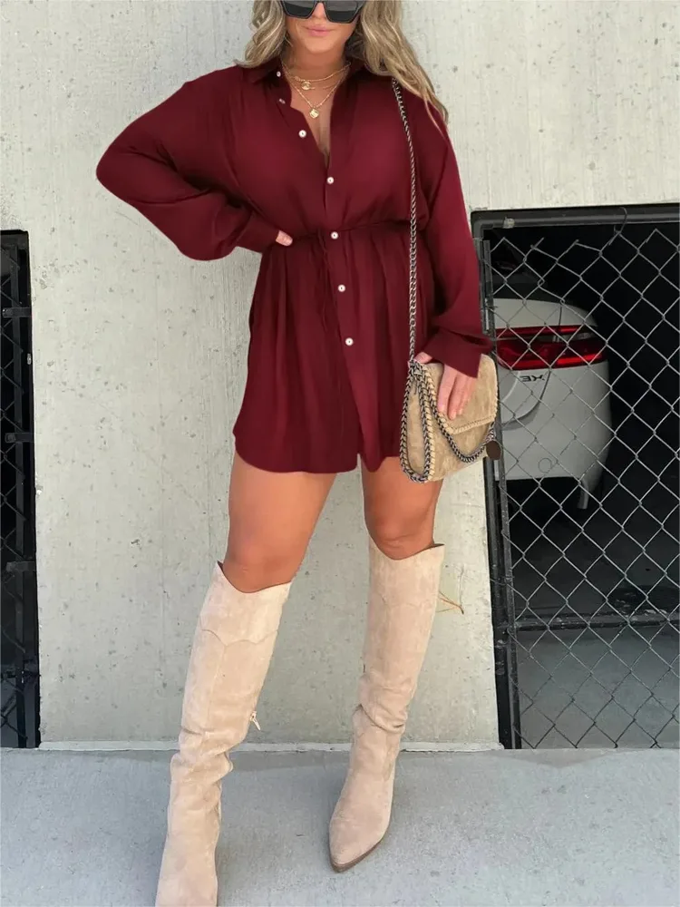 Women's Long Sleeve Jumpsuit With Button Fashion Shirt Dress - Wine Red