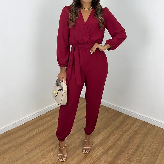 Women's Fashionable Elegant V neck Solid Color Long Sleeve High Waist Cropped Jumpsuit Red - Shop at LoveMi